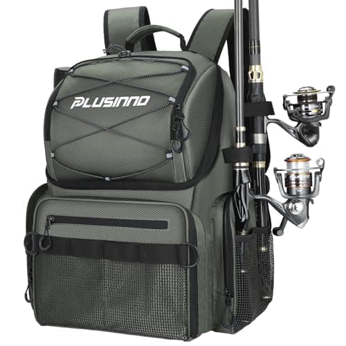 PLUSINNO Cooler Fishing Backpack with Rod Holders 45L Large Water-resistant Fishing Tackle bag Store Fishing Gear Fishing Gifts for Men Father
