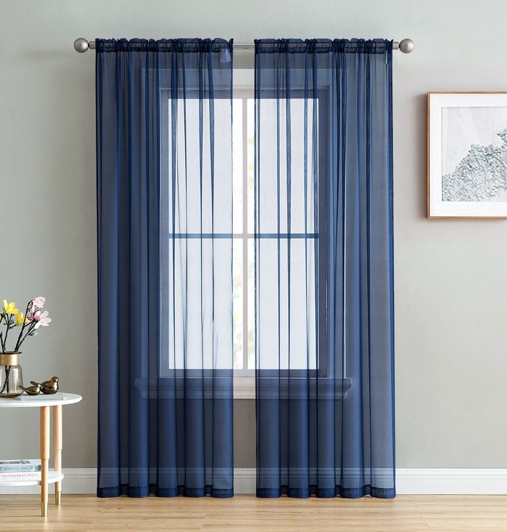 HLCME Navy Blue Sheer Voile Window Treatment Rod Pocket Curtain Panels for Bedroom and Living Room 54 x 84 inches Long Set of 2