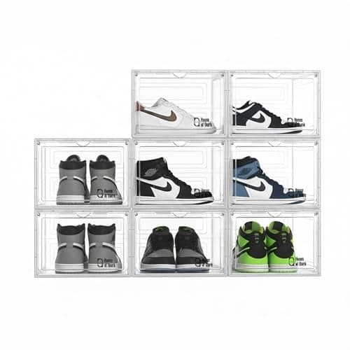 House of Quirk Shoe Organizer, Shoe Storage Boxes, Large Shoe Boxes with Magnetic Door, Clear Stackable Plastic Shoe Containers (Pack of 8, White)