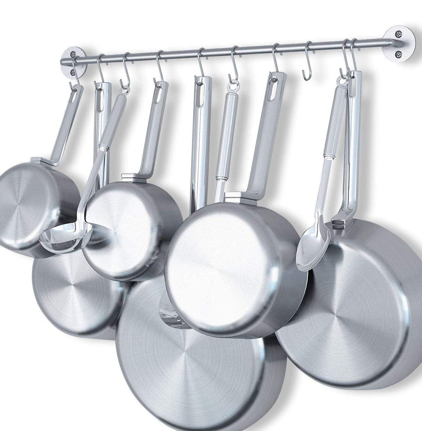 INDIAN DECOR Stainless Steel Gourmet Kitchen 24 Inch Wall Rail and 10 S Hooks Set Utensil Pot Pan Lid Rack Storage Organizer