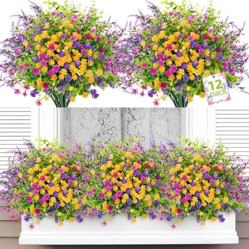 12 Bundles Artificial Flowers Outdoor UV Resistant Fake Flowers Realistic Plastic Greenery Plants Outside Faux Silk Wildflowers for Planters Porch Garden Hanging Baskets Window Box Summer Decor