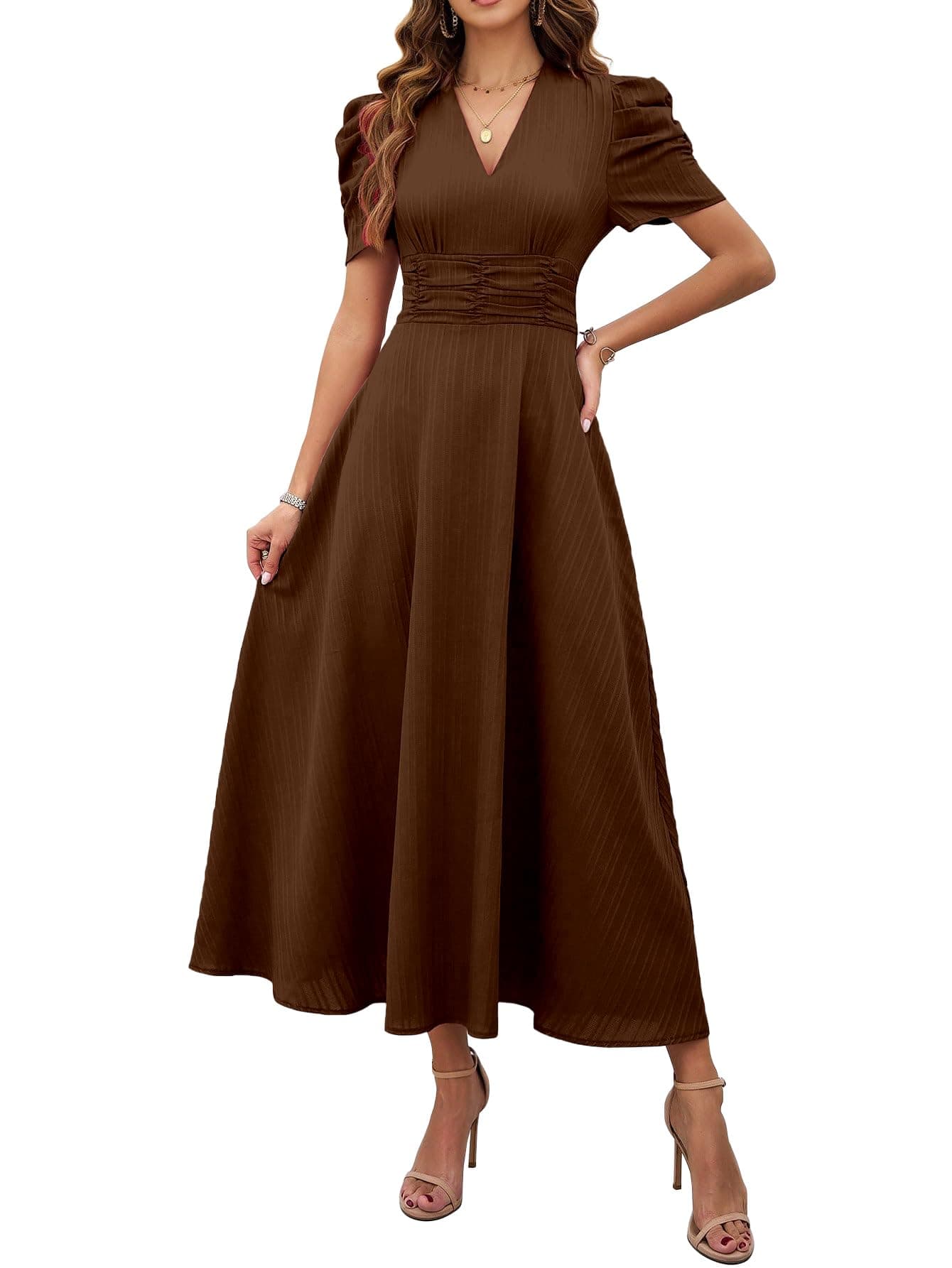 Shasmi Girl's & Women's Brown Solid Color V-Neck A-Line Maxi Dress for Women | New Year Party Outfit | Waist Cinched Puff Sleeve Western Dress | Elegant Casual Wear (Dress 246 Brown-XL)
