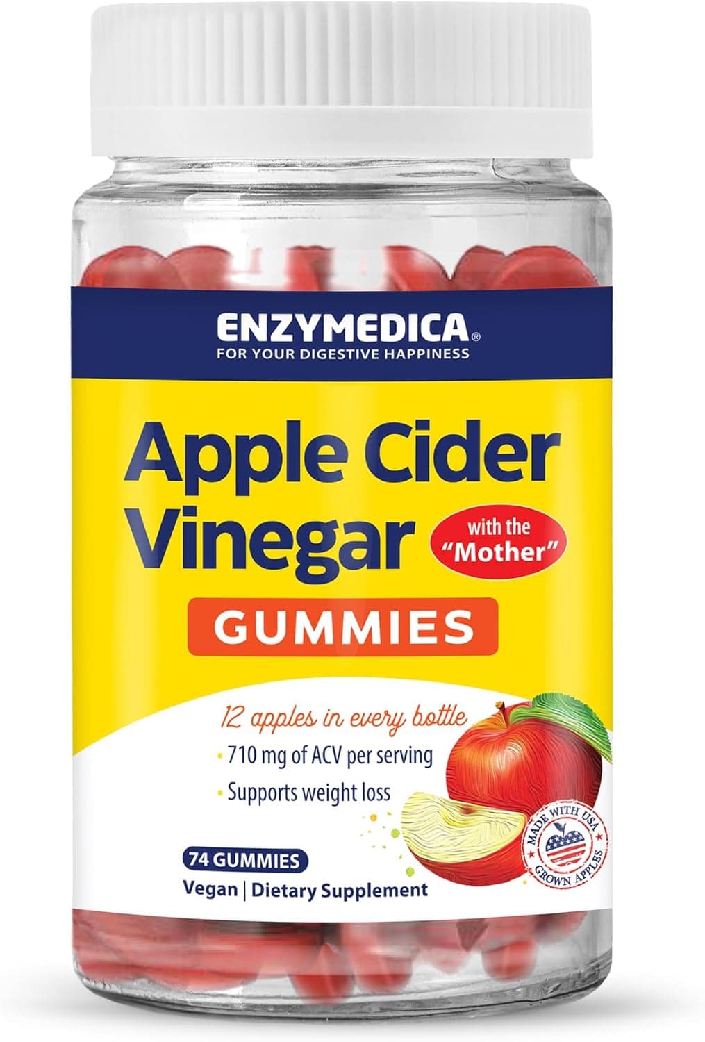 Enzymedica Apple Cider Vinegar Gummies Made with The Mother 12 Organic USAGrown Apples per Bottlecd 1000 mcg Vitamin B12 per Serving Natural Apple 74 Count