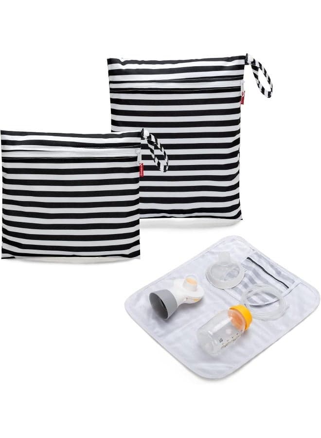 Damero Breast Pump Parts Bag, 2Pack Wet Bag for Breast Pump Parts Storage with Waterproof Mat, Black Strips