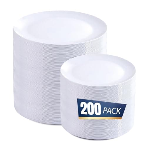 bUCLA 200PCS White Plastic Plates - Heavy Duty White Disposable Include 100 Dinner 10inch & 100 Dessert 7inch Plates, Ideal for Wedding&Party