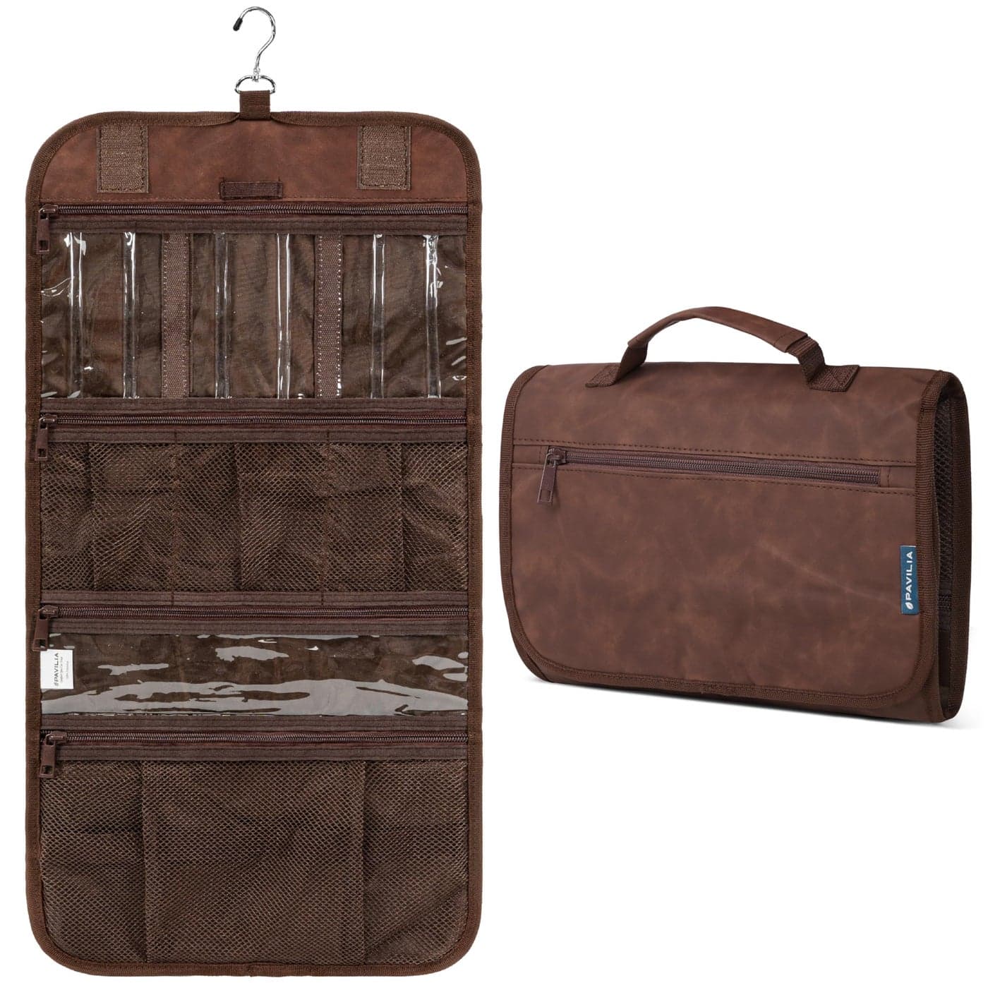PAVILIA Hanging Toiletry Bag Men Women Travel Kit Foldable Large Toiletries Organizer Roll up Cosmetics Makeup Bag Accessories Waterproof Essentials Dopp Case Brown