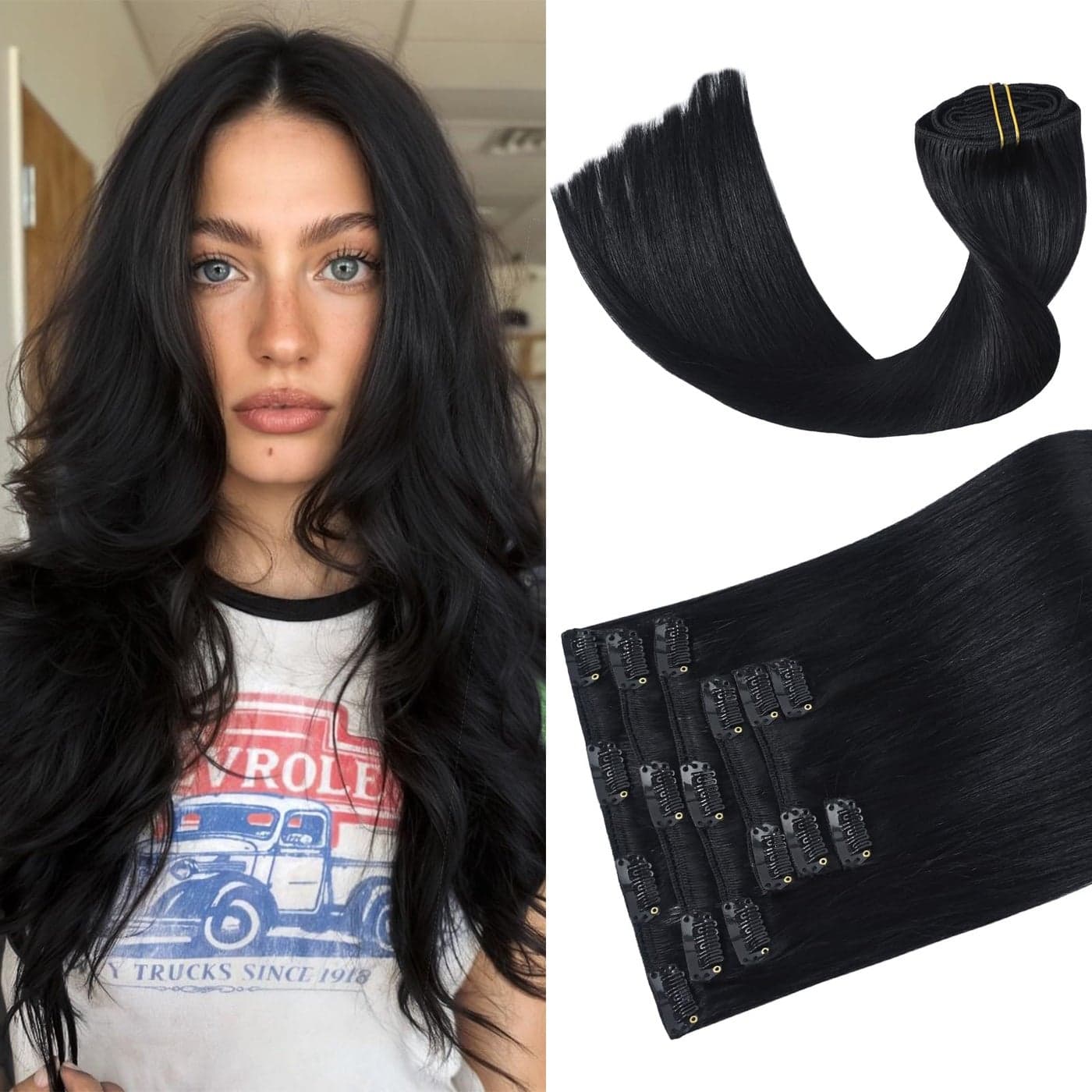 Aison Jet Black Clip in Hair Extensions Real Human Hair 70G 100 Remy Human Hair Clip in Extensions Straight 7pcs 16clips 15 Inch