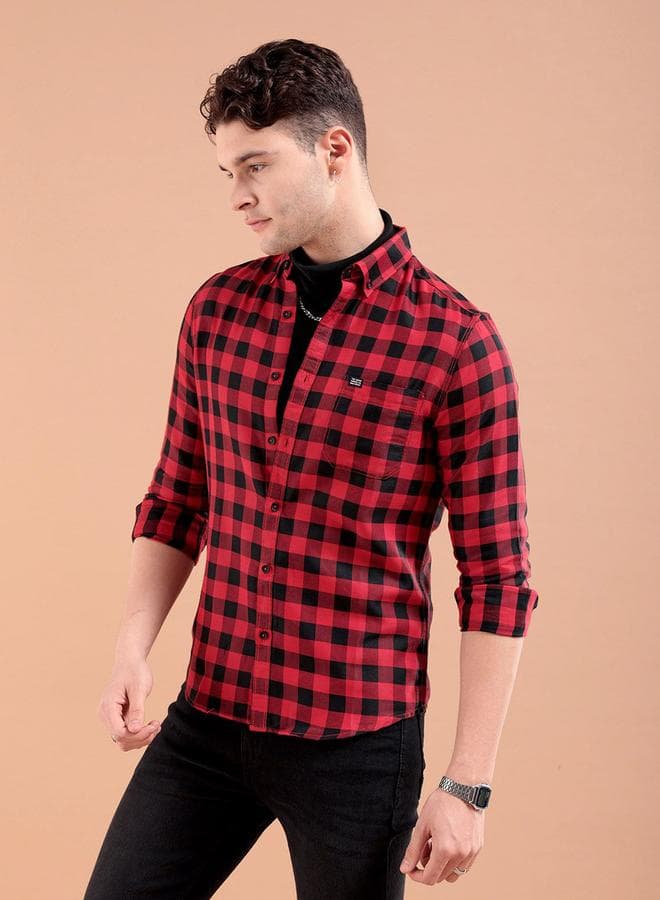 Men Red Slim Fit Checked Shirt
