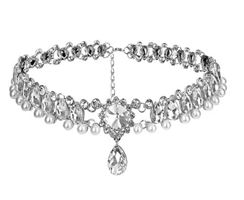 YERTTER Fashion Sparkly Womens Pearl Collar Crystal Diamond Chunky Choker Rhinestones Pendant Choker Necklace For Bridal and Womens (Silver)