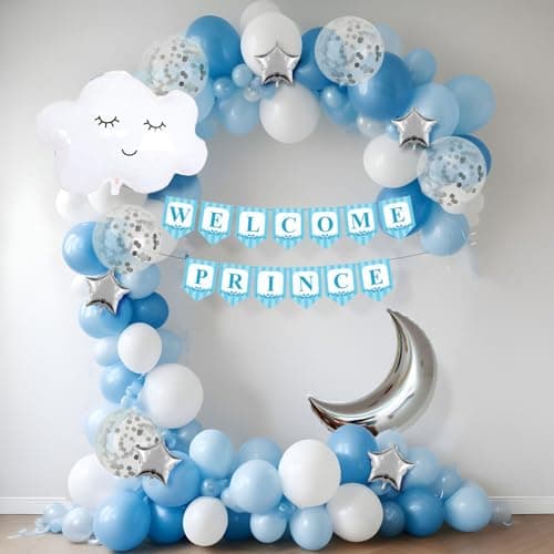 Party Propz Welcome Prince Home Decoration- (55Pcs) Baby Decoration Items/New Born Homecoming Set/Welcome Home Baby Decoration/Welcome Prince Banner (cardstock, Latex, Foil)(Multicolour)