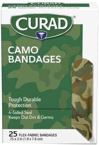 CURAD Green Camo Flex-Fabric Adhesive Bandages, 0.75 x 3 Inches, Box of 25