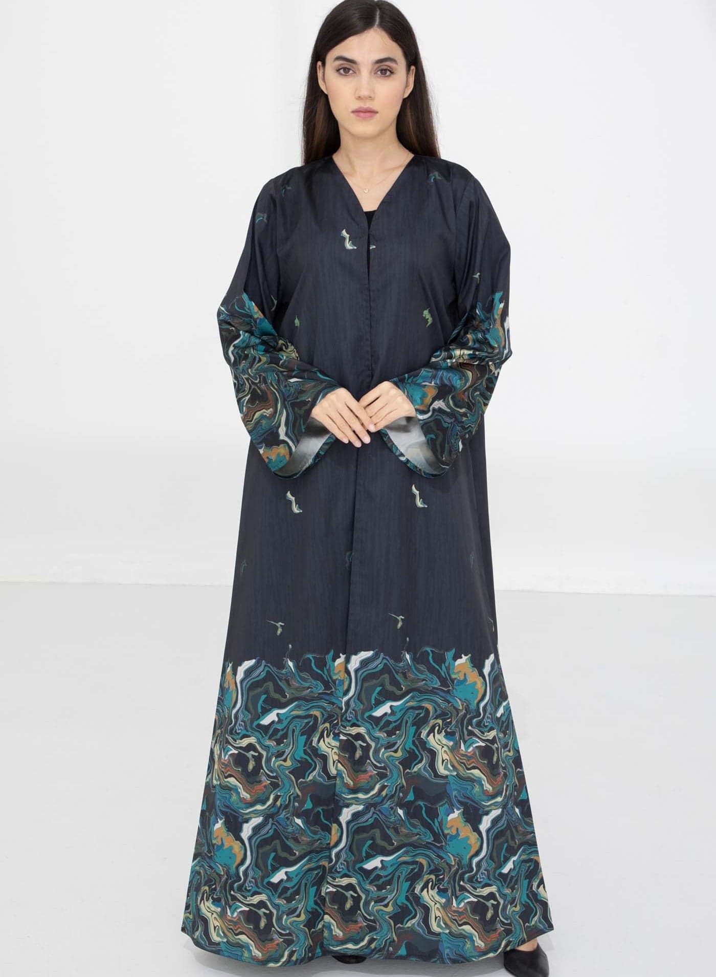 Taffeta Printed Open Abaya – Effortless Elegance