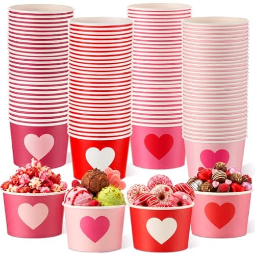 Romooa 100 Pcs 9oz Valentine's Day Paper Bowls Heart Treat Snack Cups Galentine's Day Ice Cream Dessert Bowls Pink Red Treat Snack Dessert Cups for Hot or Cold Food Party Favor Supplies