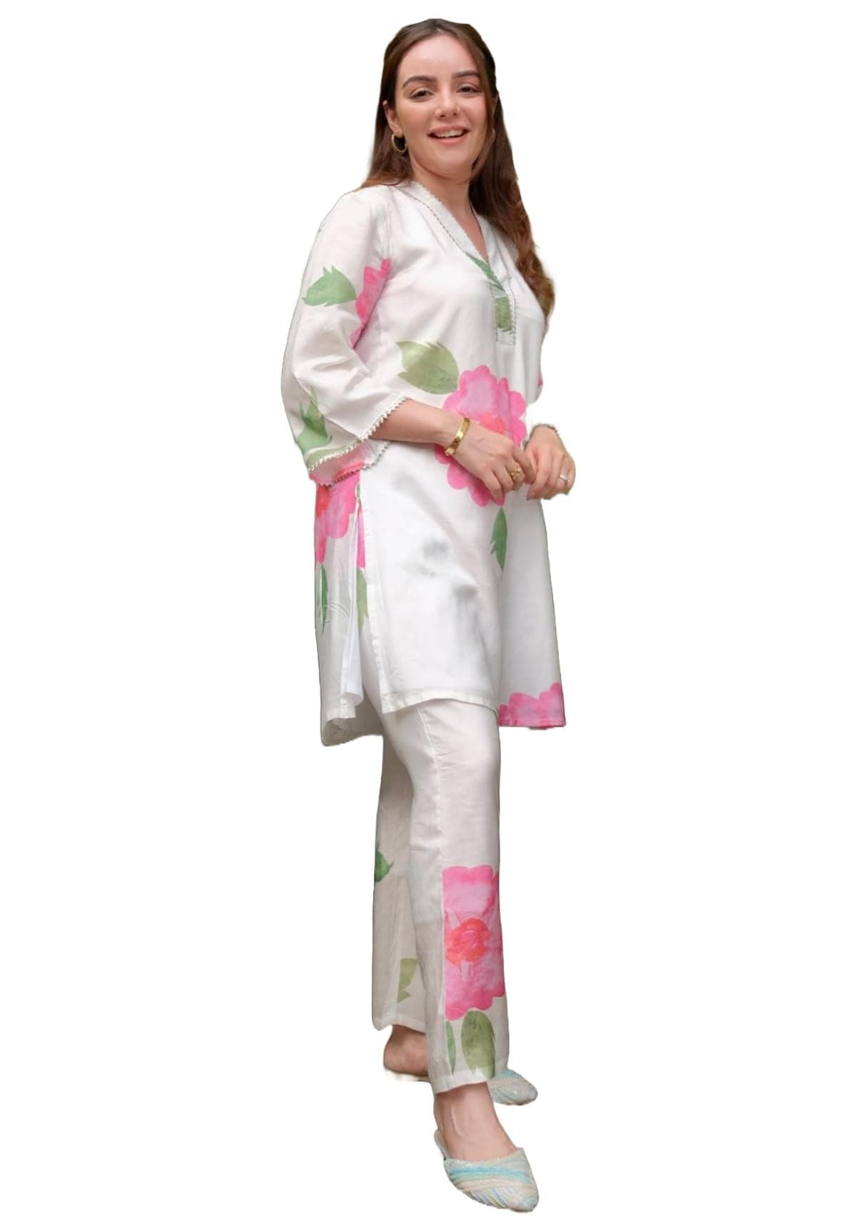 ANNI DESIGNER Women's Chanderi Cotton Straight Printed Co-Ord Set (Lace Cream Co-ord-NKL_M_Cream_Medium)