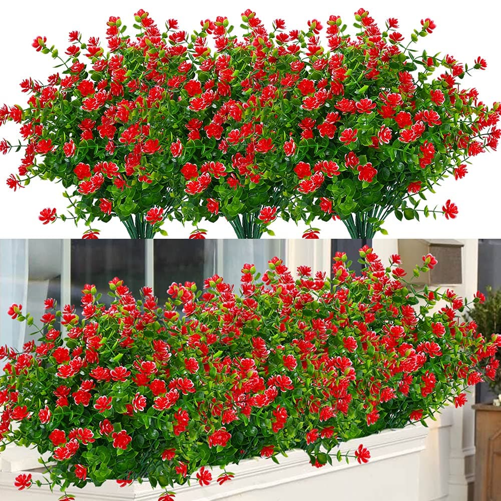 ArtBloom 24 Bundles Outdoor Artificial Flowers UV Resistant Fake Boxwood Plants Faux Greenery for Indoor Outside Hanging Plants Garden Porch Window Box Home Wedding Farmhouse Dcor Red