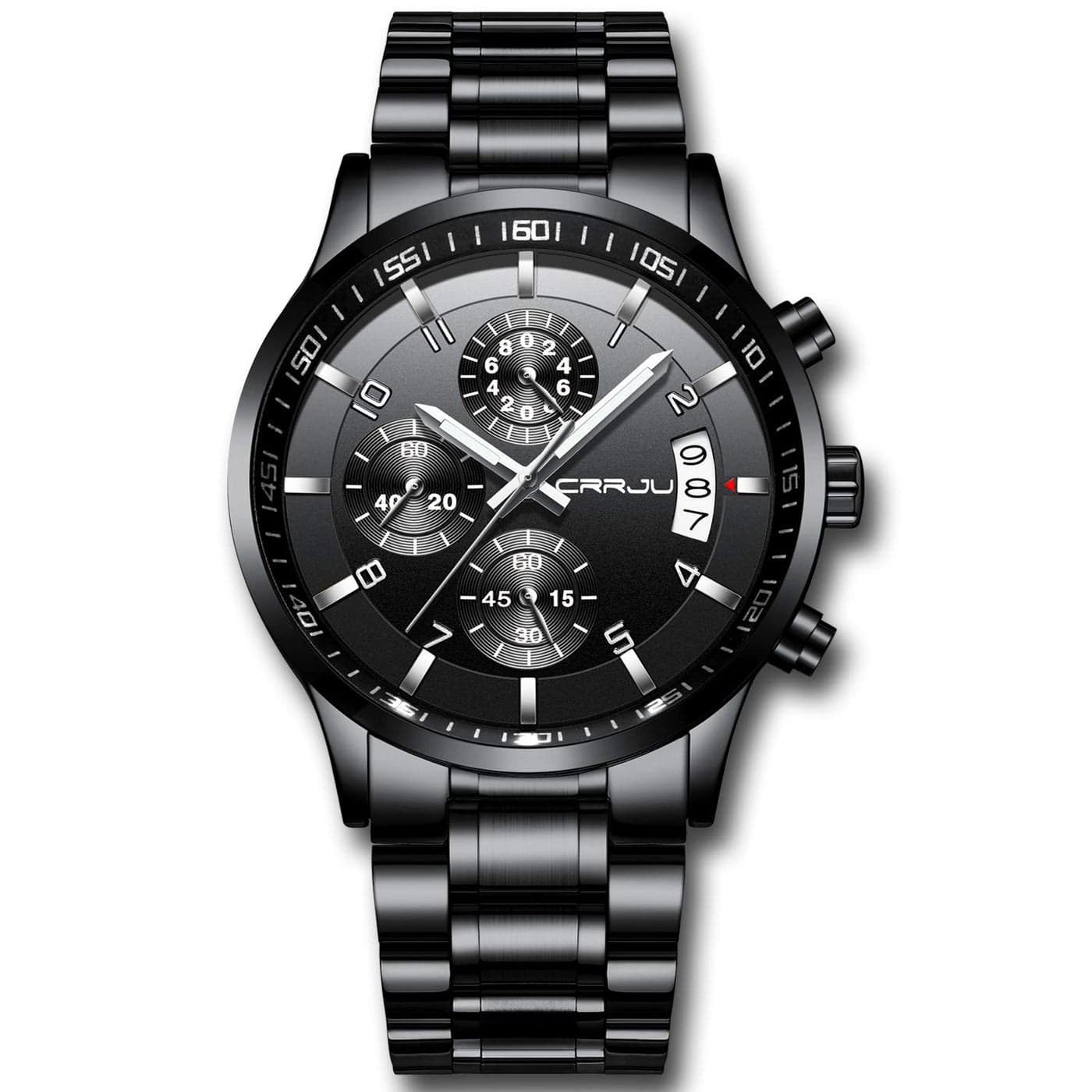 CRRJU Men's Black Watch Fashion Business Chronograph Quartz Wristwatches,Luxury Stainsteel Steel Band Waterproof Watch for Men