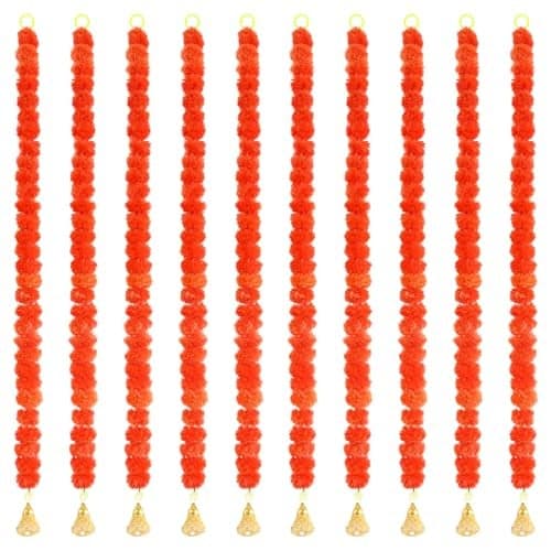 Artificial Marigold Flower Garland with Bell - 10 Nos (5 feet Each)|Genda Phool Mala for Diwali, Home & Festival|Reusable Decorative Door Toran & Backdrop Garland Set (Orange)