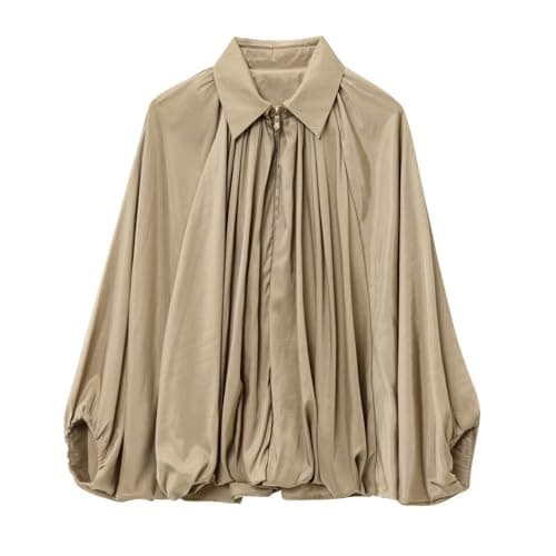Xunger Women's Puffed Bomber Jacket Oversized Streetwear Casual Batwing Sleeve Lapel Collar Zip Front Pleated Shirts(1036-Khaki-M-RD)