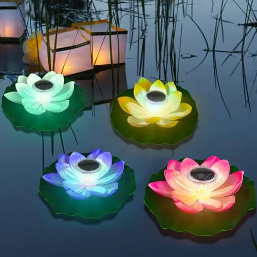 VIHOSE 4 Pcs 11 Inch Solar Floating Lotus Light Waterproof Pond Lotus Lamp Lily Flower Pool Floating Light Decoration for Garden Pond Outdoor Swimming Pool Diwali