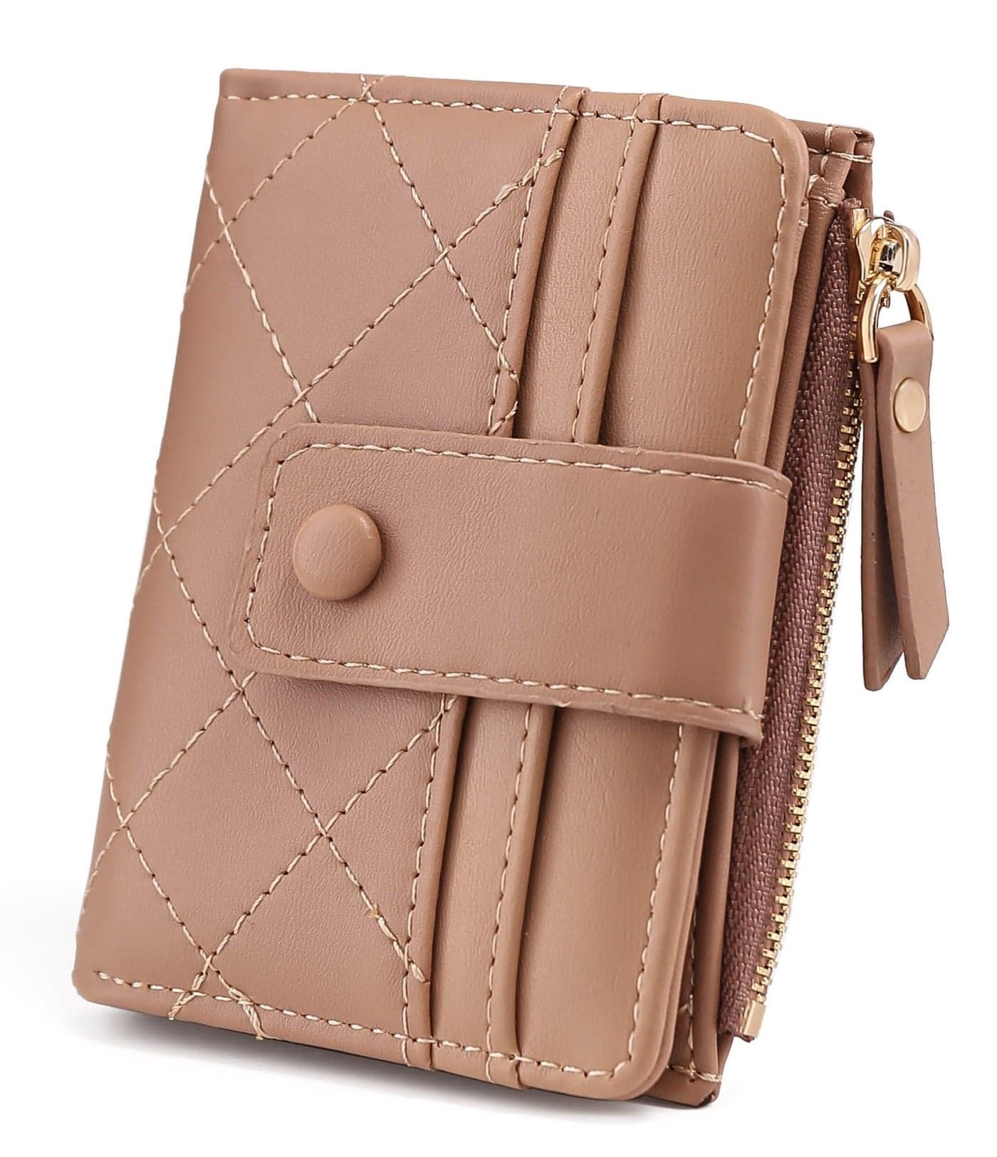Elios Bifold Women's Wallet Vegan Leather Small Card Holder Coin Holder Compact Ladies Purse with Multiple Card Slots, Zipper Pocket and RFID Blocking | Snap Closure | Mini Purse for Women (Khakhi)