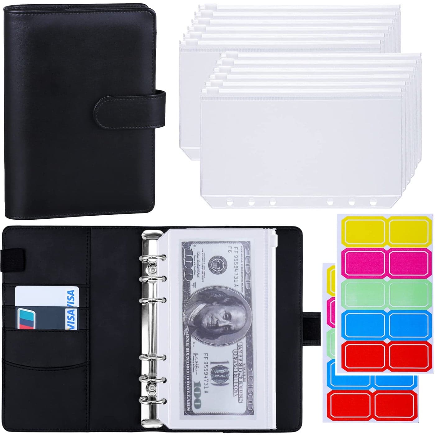 Antner A6 Budget Binder with Zipper Cash Envelopes for Money Organizer Budgeting PU Leather Budget Planner Money Saving Binder with Cash Stuffing Envelopes Labels for Home Office Travel Black