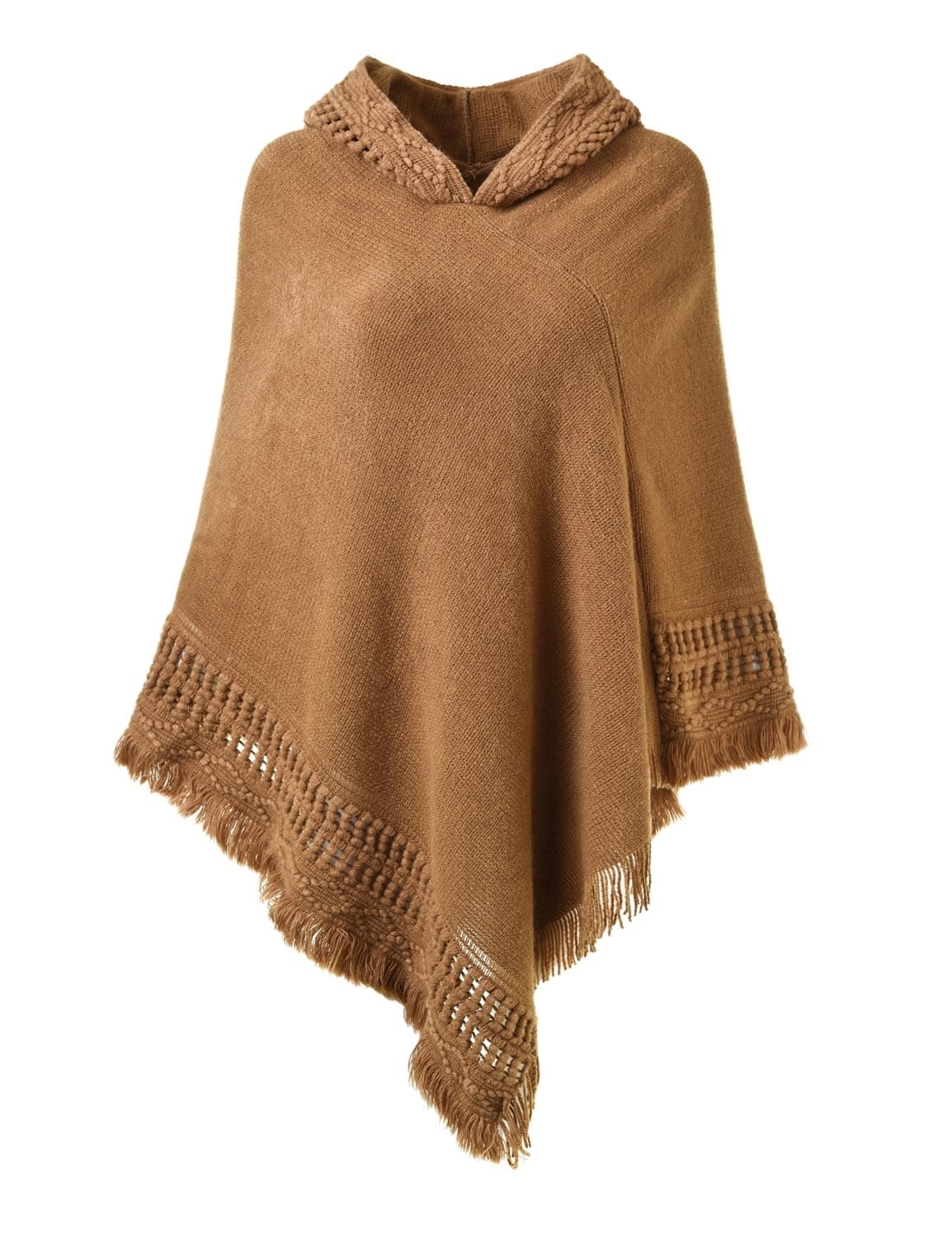 Ferand Ladies' Hooded Cape with Fringed Hem, Crochet Poncho Knitting Patterns for Women, Camel