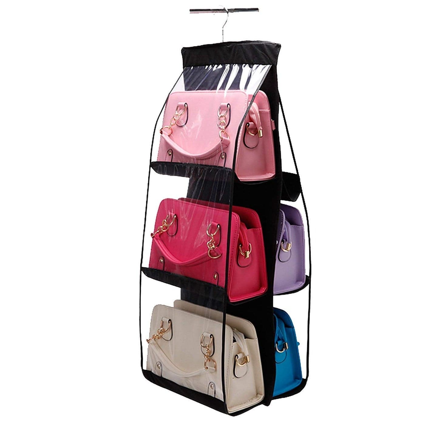 GION Purse Handbag Storage Organizer 6 Pocket Foldable Large Clear Anti Dust Hanging Storage Bag Organizer with Hook Purse Hanger Storage Holder for Wardrobe Closet Organizer 1Pcs