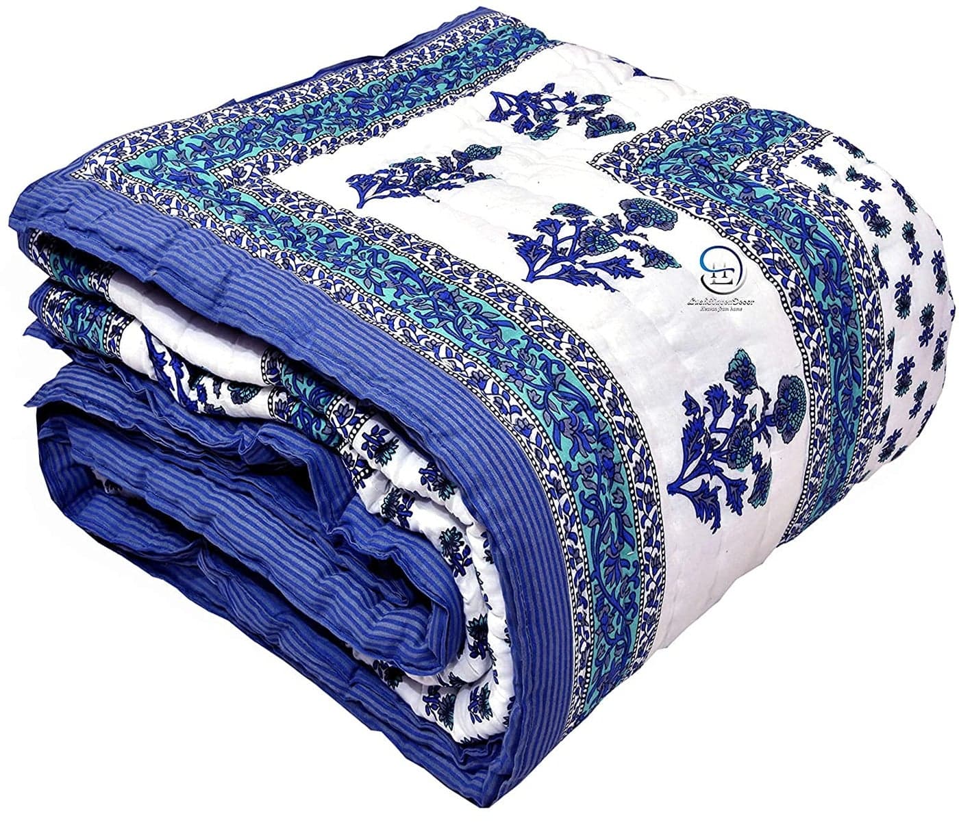 AUROSTYLE 400 GSM Jaipuri Hand Block and Rajasthani Traditional Screen Printed Summer and Winter Cotton Double Bed Quilt Razai King Size 90 X 105 Inch Double Bed Design 12