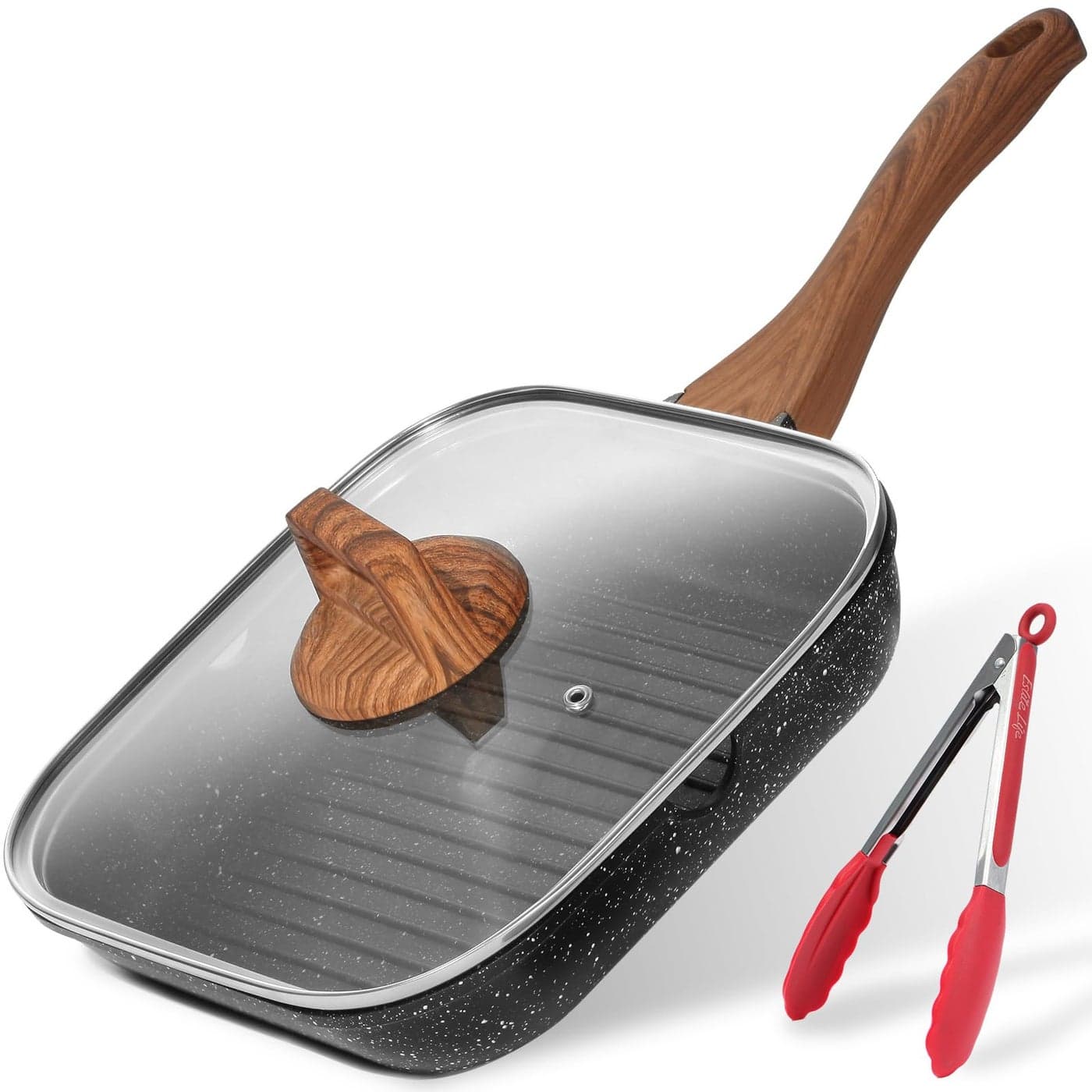 ESLITE LIFE 11 Inch Nonstick Grill Pan with Lid for Indoor Cooking Versatile Induction Square Large Grilling Skillet Steak Pan for Stove Tops PTFE PFOA Free Black