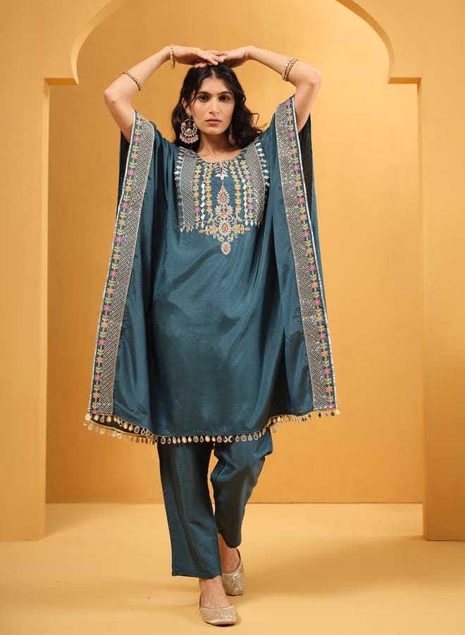 Women's Teal Viscose Silk Embroidered A-Line Kaftan Upperwear Calf Length Palazzo Bottomwear Flowy 2 Peice Kurta Set