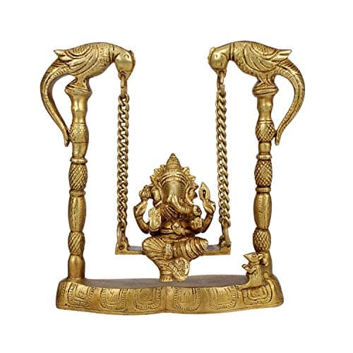 Kartique Brass Ganesh Bhagwan Jhula Idol Ganesha Swing Ganpati Bappa Jhoola Murti for Home House Warming Mandir Office Decor Couple Gift Height 8 Inch Antique Gold Color