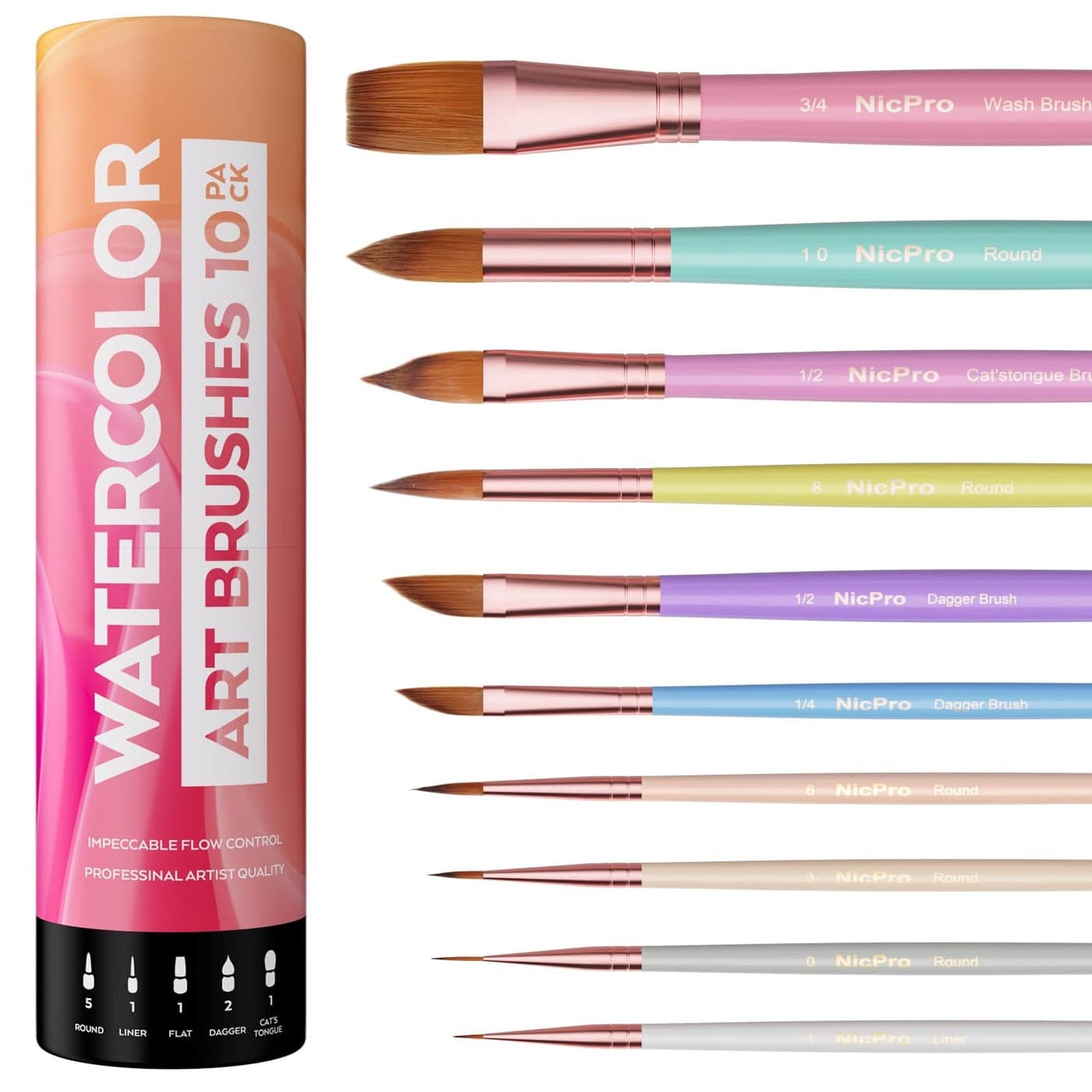 Nicpro 10PCS Watercolor Brushes Aesthetic Professional Watercolor Paint Brush Set Water Color Brushes with Round Cat Tongue Liner Dagger Wash for Artists Beginners Watercolor Inks Gouache