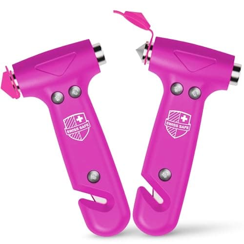 Swiss Safe 5-in-1 Emergency Car Safety Hammer – Car Window Breaker & Seatbelt Cutter, Heavy-Duty Escape Tool for Vehicle Emergencies and Auto Kits – Pink, 2 Pack