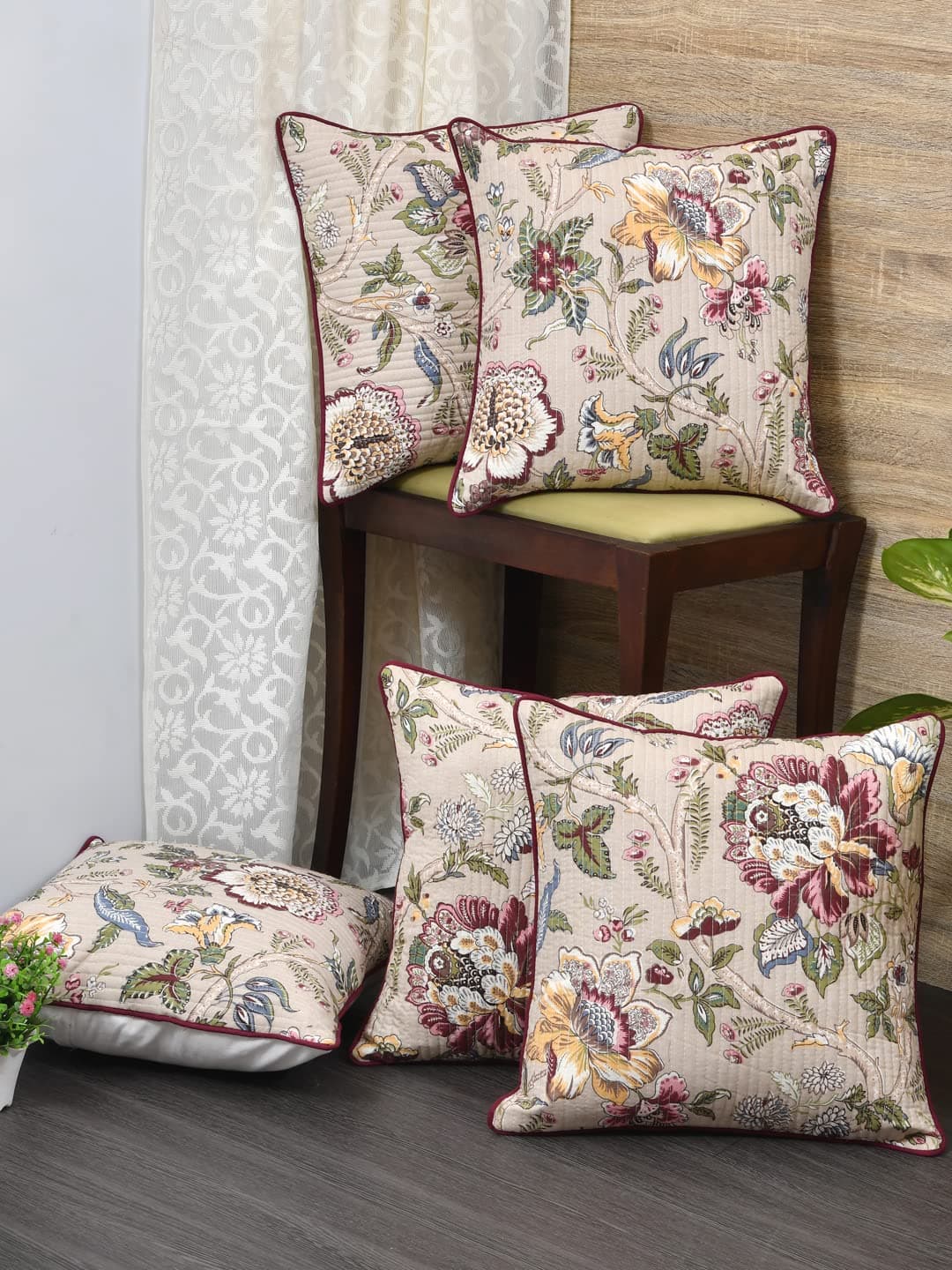 Clasiko Cushion Covers Set of 5 Beige with Quilting; Cotton Fabric; 16X16 Inches; Color Fastness Guarantee 16450, 250 Tc