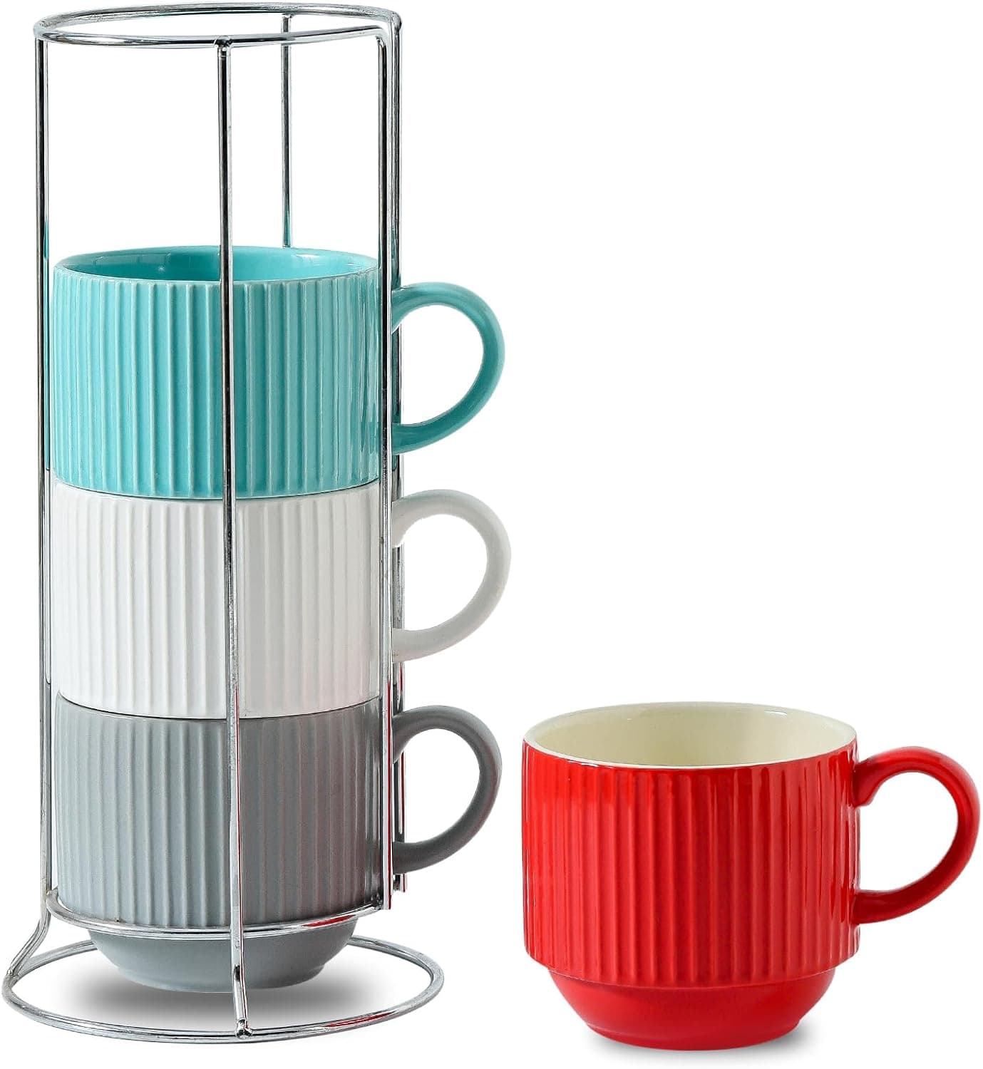Hasense Ceramic Coffee Mug Set of 4 with Rack 15 oz Stacking Ribbed Latte Cups Set for Cappuccino Tea Hot Cocoa Drinks Wedding Housewarming Gifts Assorted Colors
