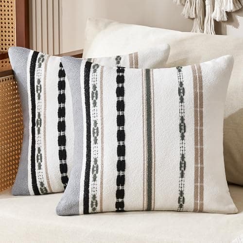 Wosendy Boho Chenille Throw Pillow Covers 18x18 Inch Square Farmhouse Decorative Pillow Covers Set of 2, Beige Striped White Couch Protectors Soft Pillowcase Covers with Zipper for Sofa Bed