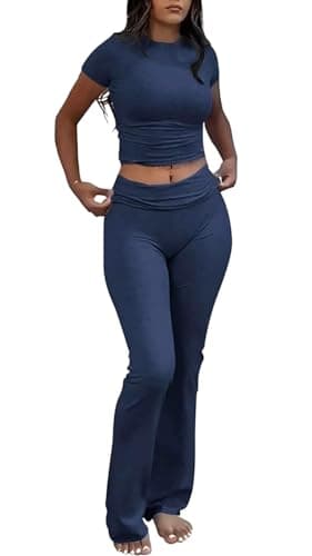 YETOWA Women's 2 Piece Lounge Outfits with Slim Short Sleeve Tops and Low Rise Flare Leggings Sets Versatile Yoga Fall Sweatsuit