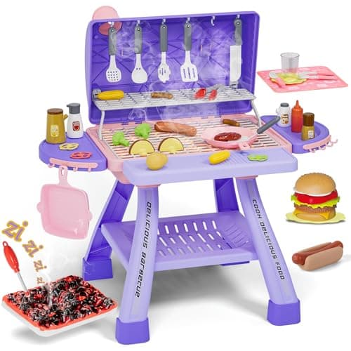 New Upgraded Kids BBQ Grill Playset with Smoke SoundLight Toy Grill for Girls Pretend Food Hamburger Kitchen Barbecue Toy Game Christmas Birthday Gift for 35 Kids Pink Purple