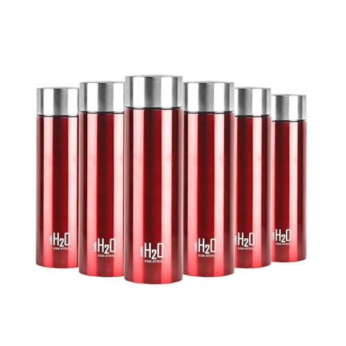 CELLO H2O Stainless Steel Water Bottle for Office & Daily Use Set of 6 Pcs, 1000 ml Red | Single Wall Freezer & Fridge Safe, Lightweight Leakproof Rustproof Steel Water Bottle for School Gym Travel