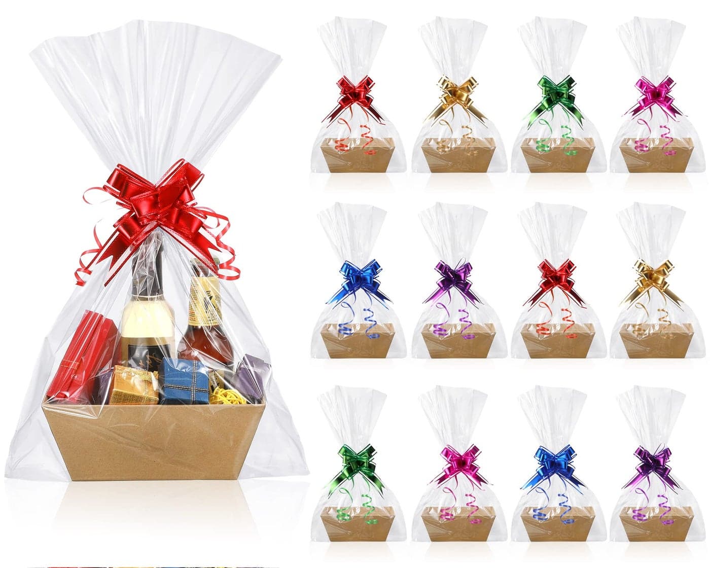 Canlierr 50 Pcs Empty Gift Basket Set 12 Pcs Basket for Gifts Empty Kraft Market Tray with Handles 18 Bags and 20 Multicolor Bows for Christmas Wedding Birthday 8 x 6 x 3 Inches