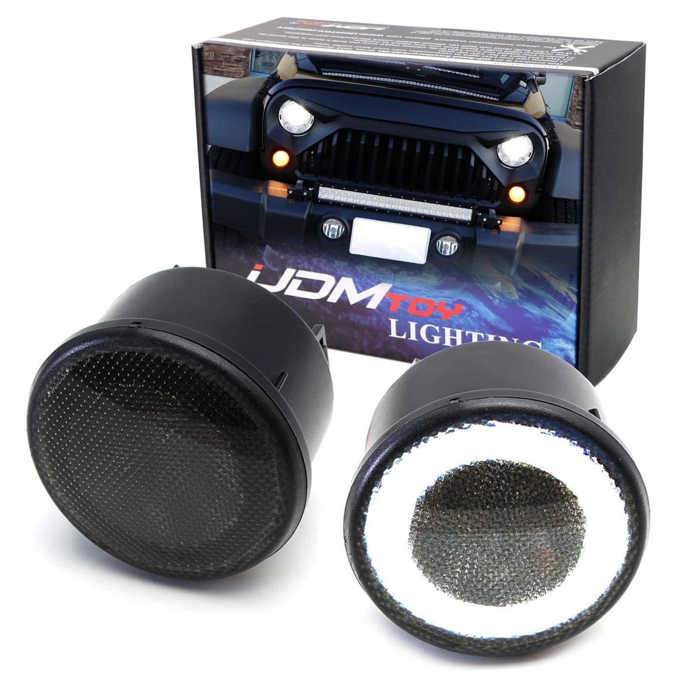 iJDMTOY Smoked Lens LED DrivingDRL Turn Signal Lamp Assembly Compatible With Jeep 200717 Wrangler White LED Halo Ring as ParkingDrivingDRL Lights Amber LED Center Light as Turn Signals