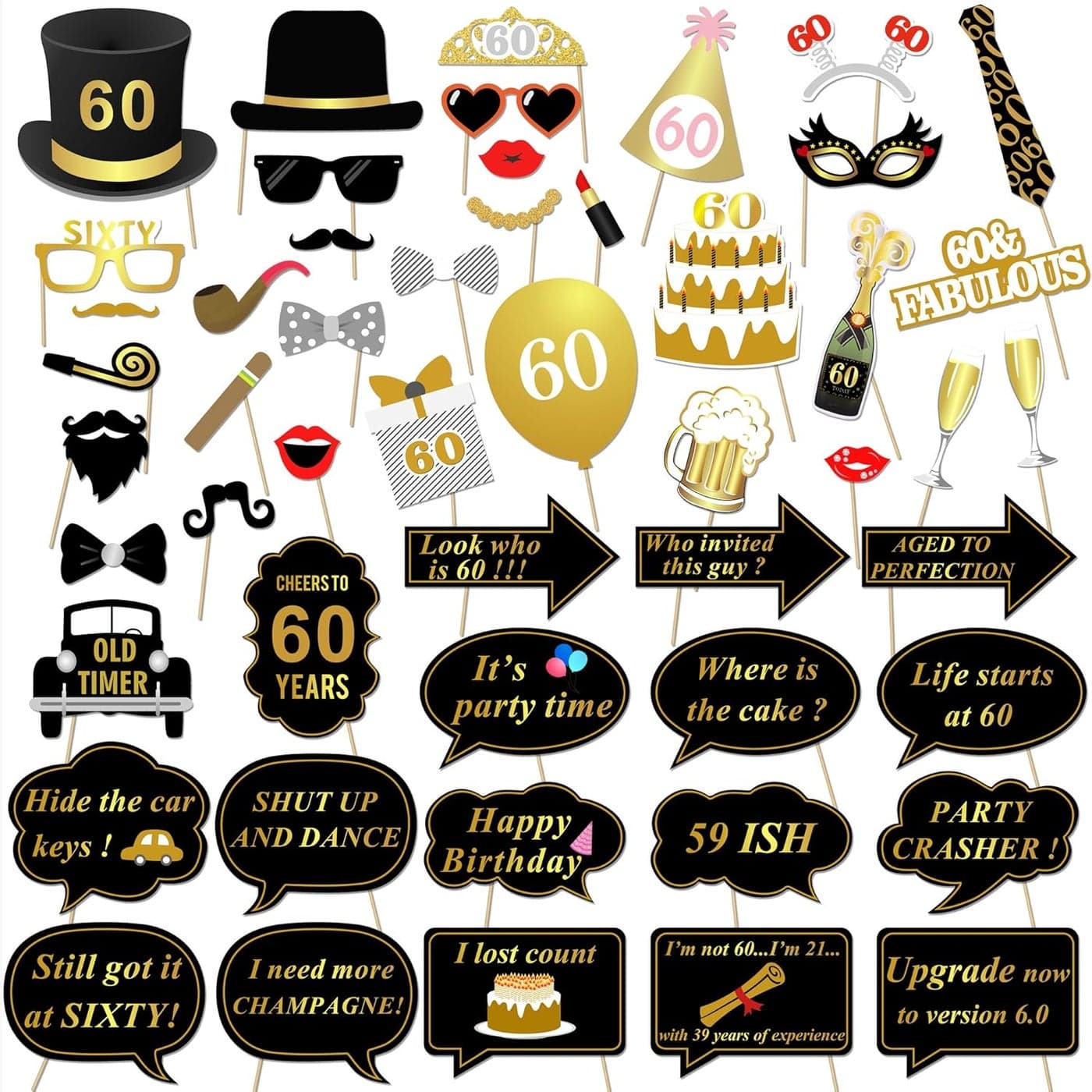 60th Birthday Party Photo Booth Props 51Count for Her Him 60th Birthday Gold and Black Decorations Konsait Big 60 Birthday Party Supplies for Men and Women