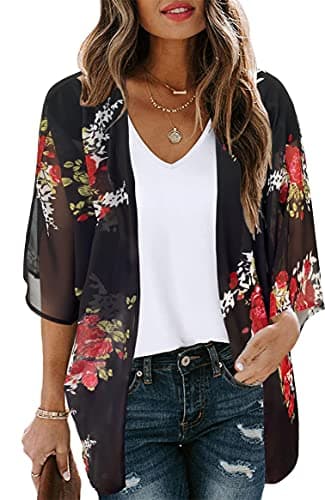 Women Summer Kimono Cardigan Sheer Beach Cover ups Chiffon Loose Casual Open Front Swimwear Shirts (Rose Pink,L)