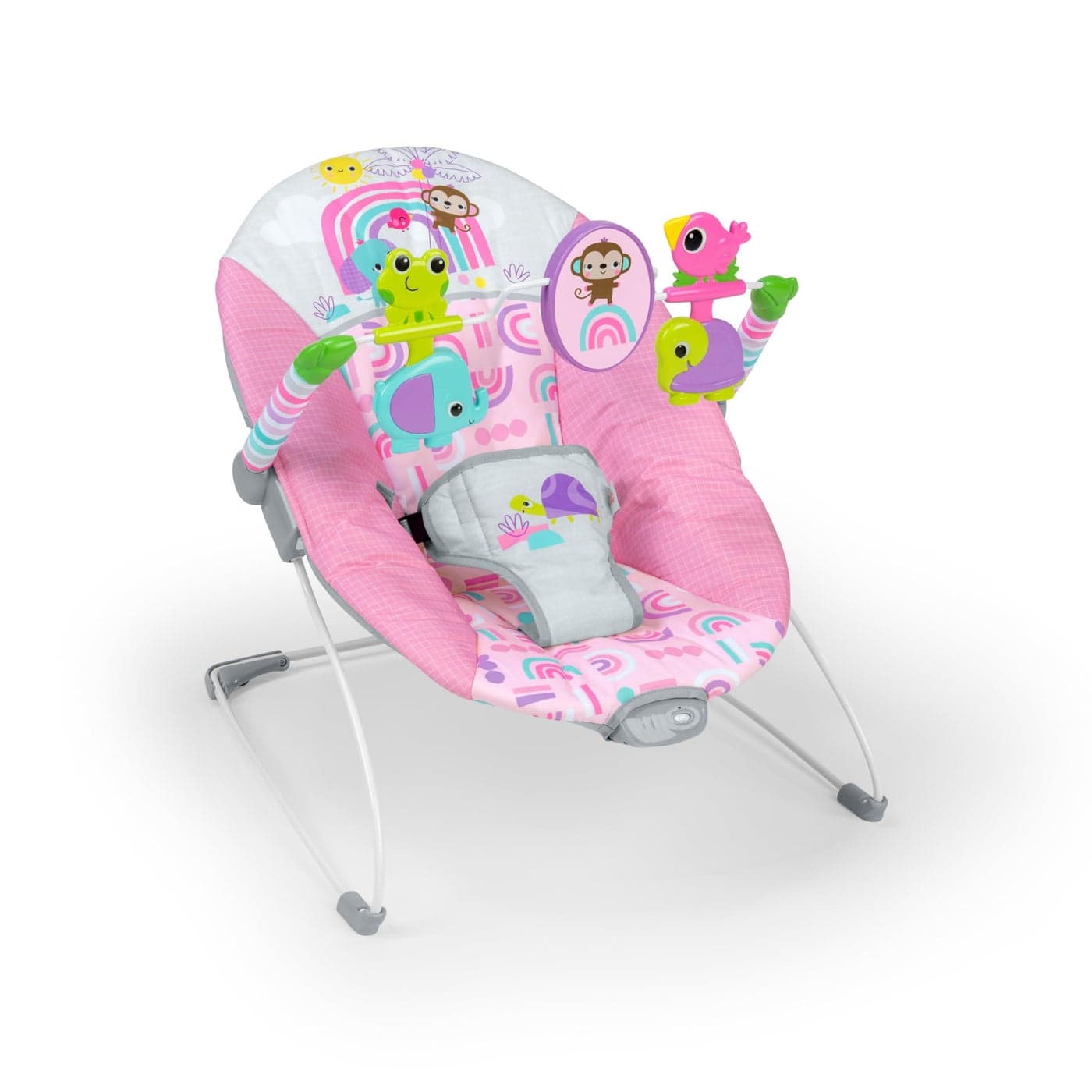 Bright Starts Pink Paradise Portable Baby Bouncer with Vibrating Infant Seat and Toy Bar Max Weight 20 lbs Age 06 Months