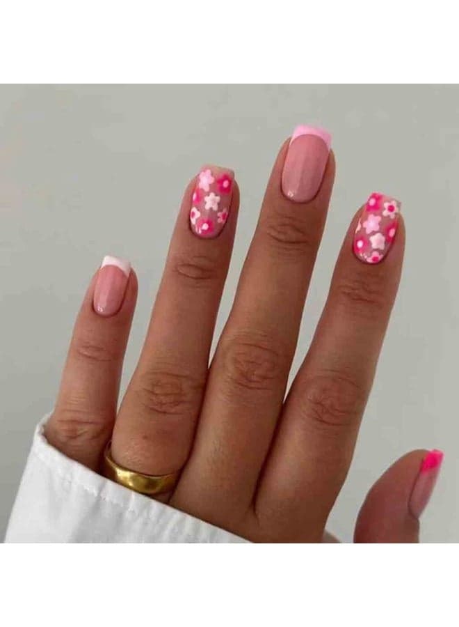 Square False Press on Nails Pink Medium Acrylic Fake Nails Flower Design for Girl Full Cover Wear Finger Nail Art Tips for Women&Girls 24PCS