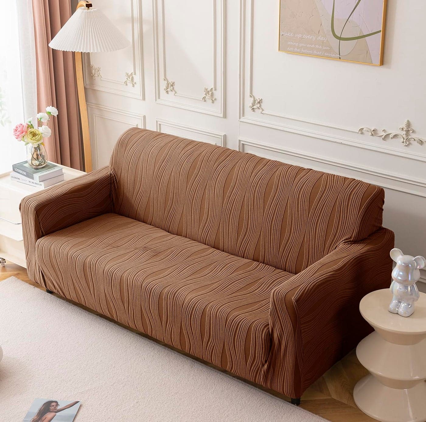 House of Quirk Universal Jacquard Waterproof Crizzle Pattern Fabric Sofa Cover Soft Touching Cover for Couch Flexible Stretch Sofa Slipcover (Four Seater, Camel)