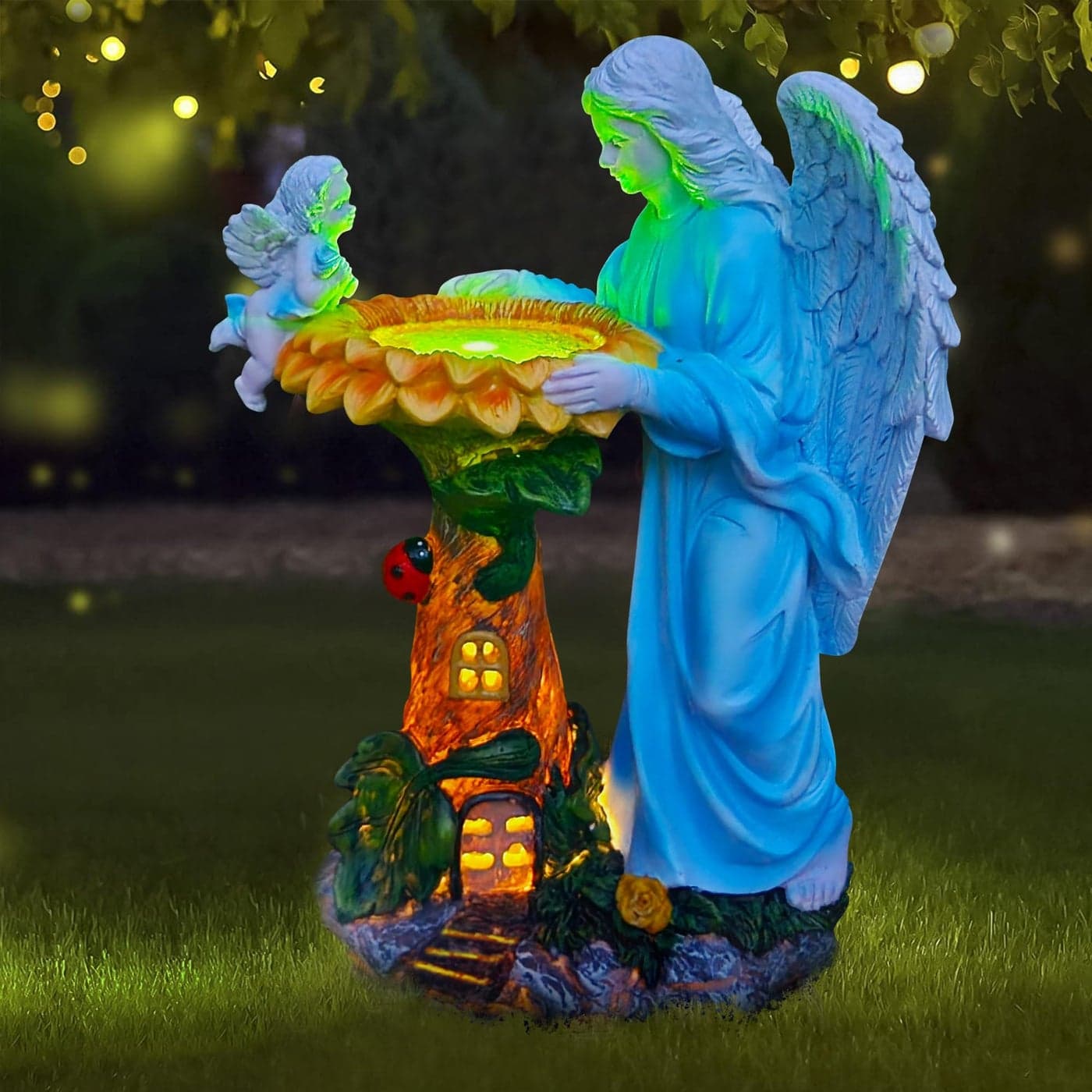 Voveexy Solar Angel Outdoor Decor with Color Changing Light Sunflower Statue Waterproof Sculpture Lawn Ornament Yard Art for Patio Lawn Housewarming Garden Gift