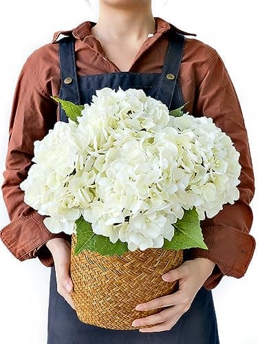 JINWOE 4PCS WhiteCream Hydrangea Artificial Flowers 21 Lifelike Latex Silk Real Touch Faux Hydrangea Flowers Artificial Hydrangeas Bouquet for Wedding Centerpieces Tables Party Home