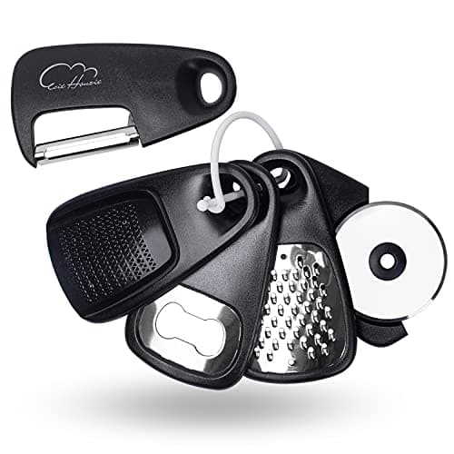 Kitchen Gadgets Set 5 Pieces, Space Saving Cooking Tools Kitchen Accessories - Fruit/Vegetable Peeler, Cheese/Chocolate Grater, Bottle Opener, Pizza Cutter, Garlic/Ginger Grinder Gift Set (Black)