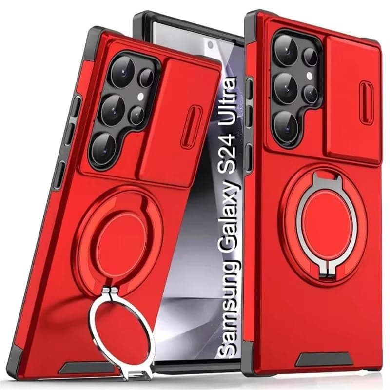 LuxuryKase Shockproof Rugged Case for Samsung Galaxy S24 Ultra | Slide Camera Cover | 360° Rotating Ring Kickstand | Military-Grade Protection - Cherry Red